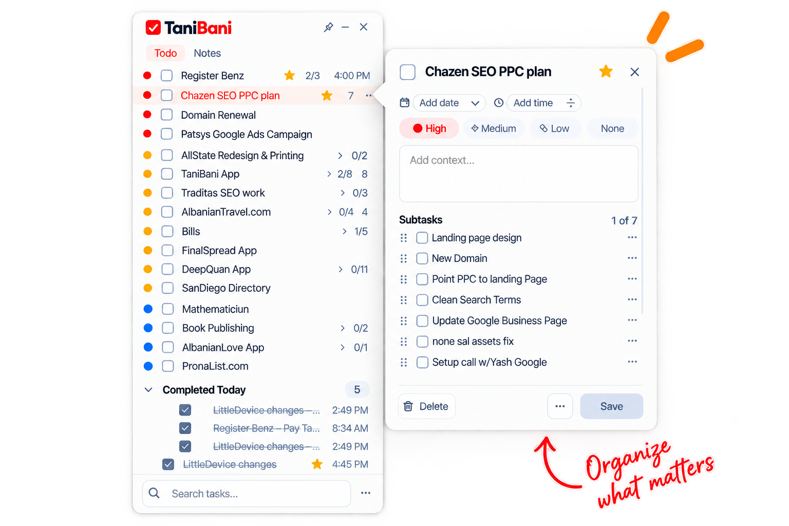TaniBani desktop app showing a task list, priorities, subtasks, and the reminder: Organize what matters.