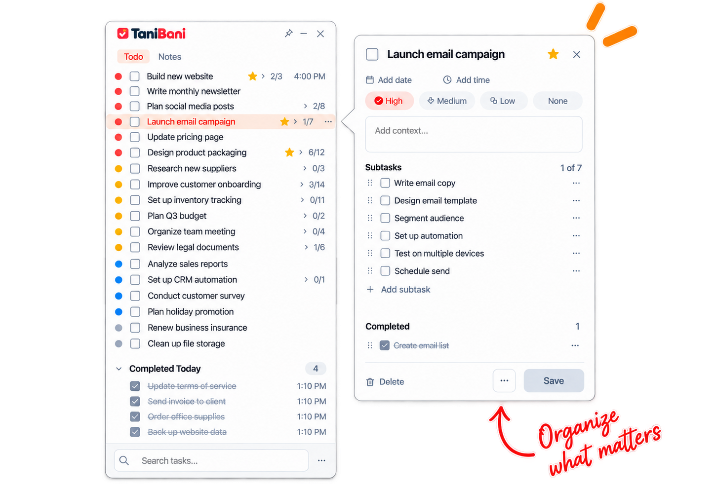 TaniBani desktop app showing a task list, priorities, subtasks, and the reminder: Organize what matters.