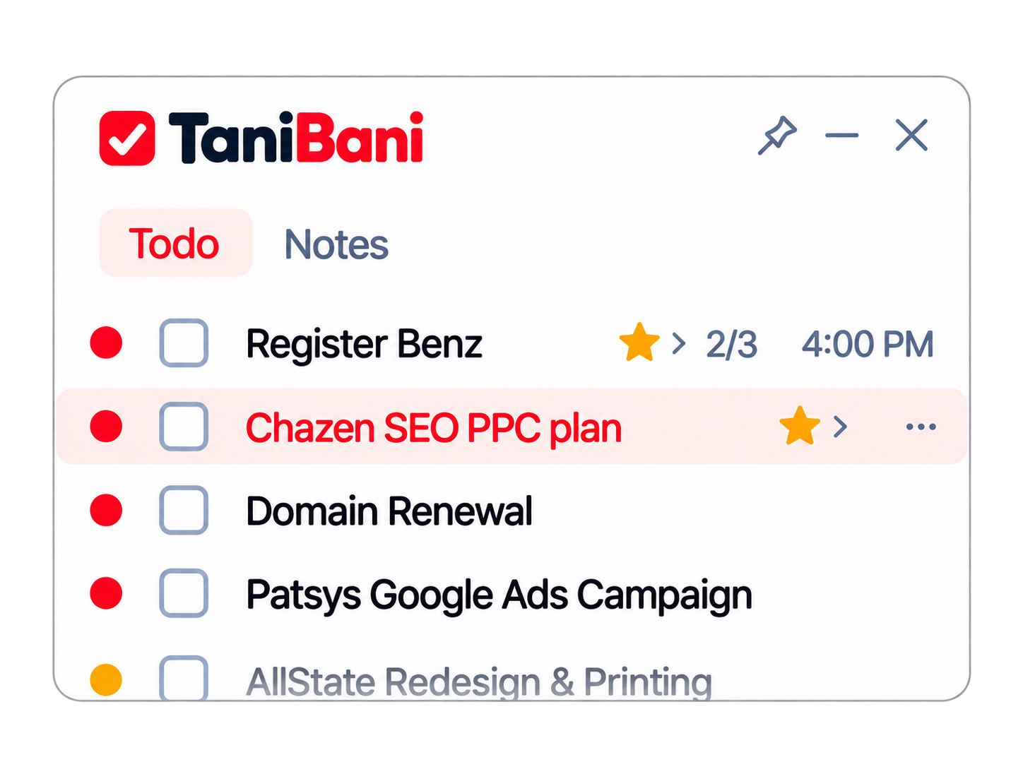 Task list with checkboxes, color-coded priorities, due times, and subtask counts.
