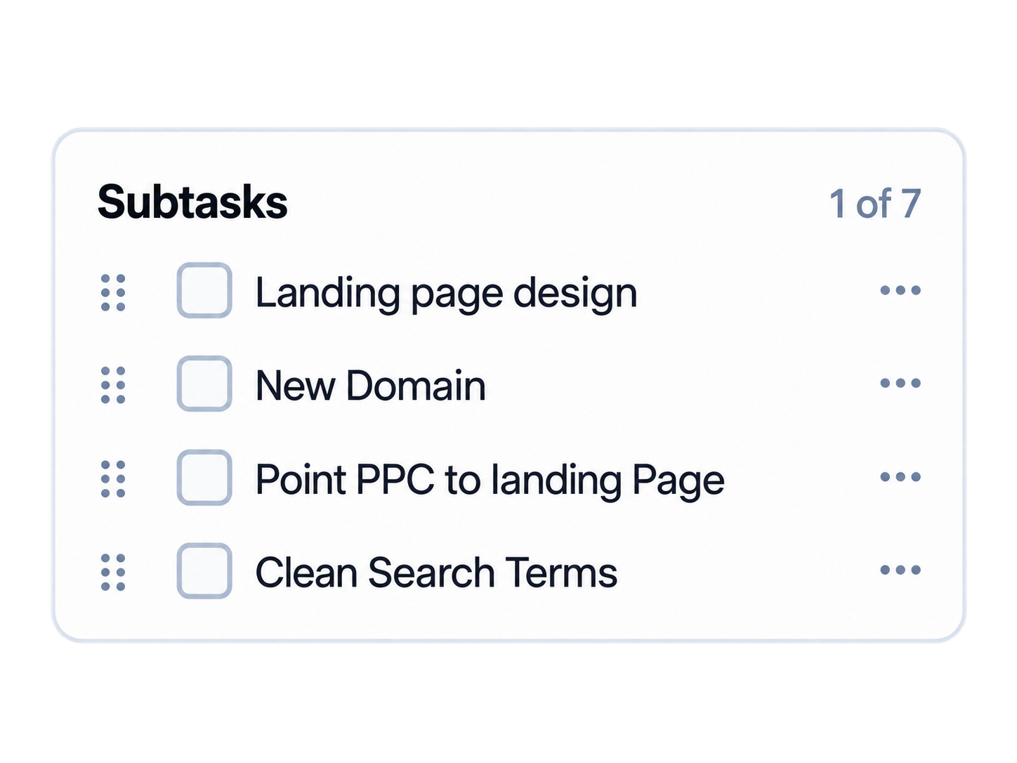 Subtasks with drag handles, checkboxes, and a completed step.